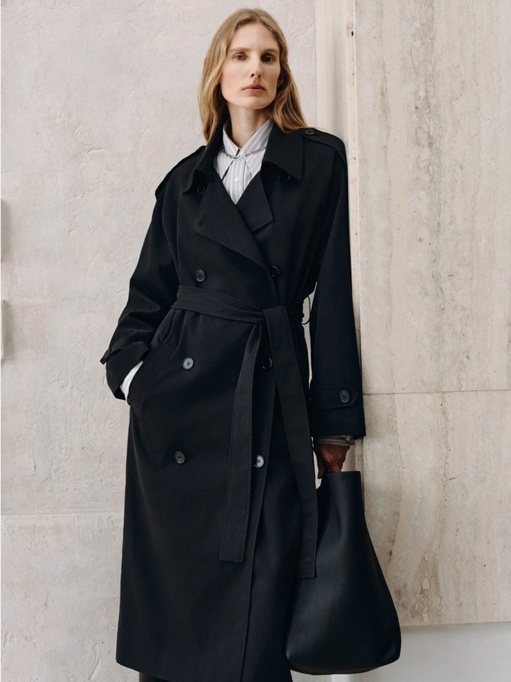 Classic Black Trench Coat - Women's Double-Breasted Belted Trench